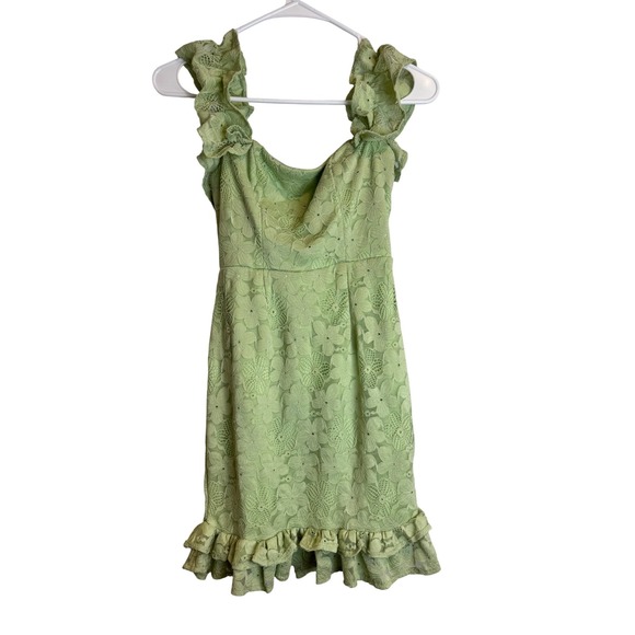 Selfie Leslie Dresses & Skirts - Selfie Leslie Womens Sage Green Floral Lace Ruffle Mini Dress Sweetheart XS